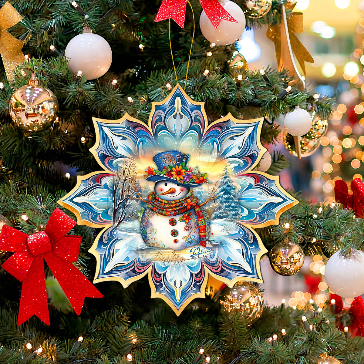 Snowman Blue Snowflake Large Wooden Ornament by G. Debrekht - Christmas Santa Snowman Decor - 8688427M