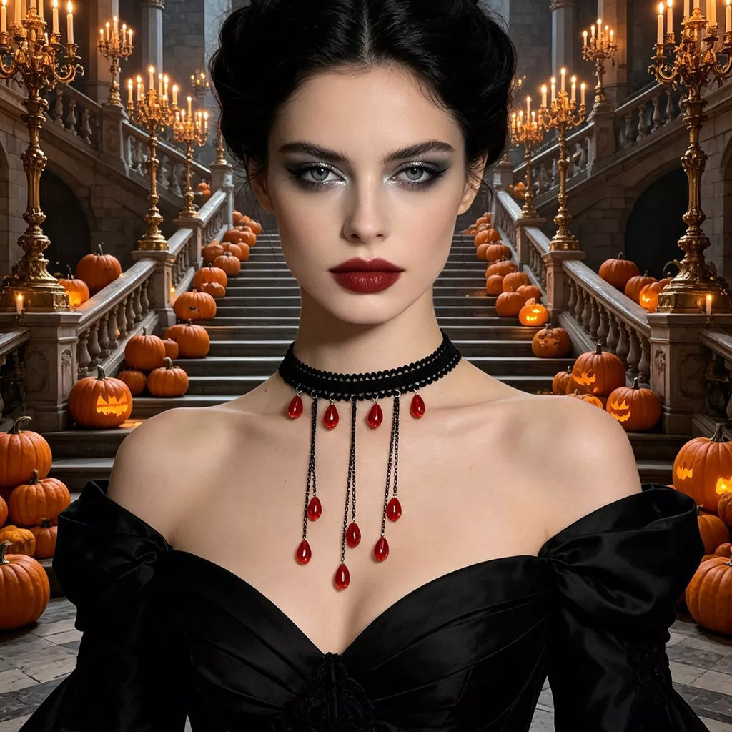 Gothic Lace Choker Necklace with Teardrop Dangle Charms
