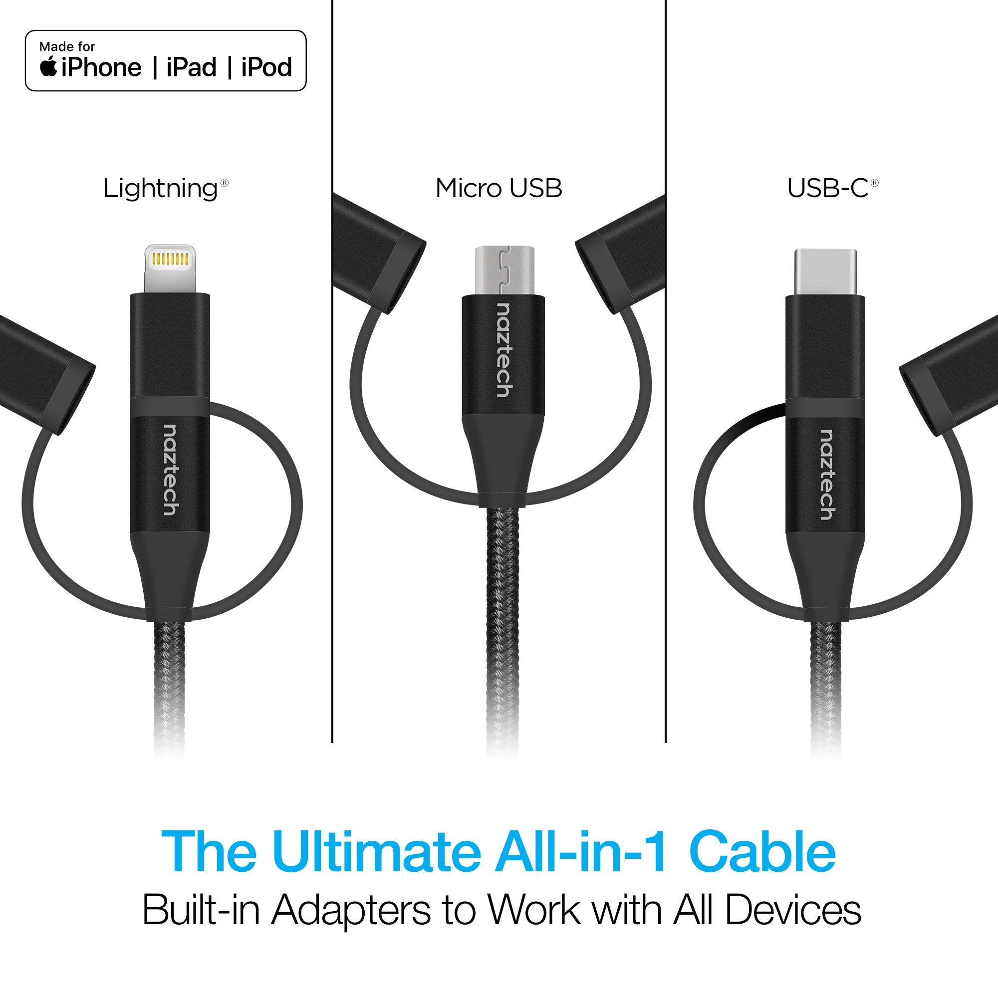 Naztech 3X1 Micro Lightning & USB-C Charge & Sync 6ft Cable