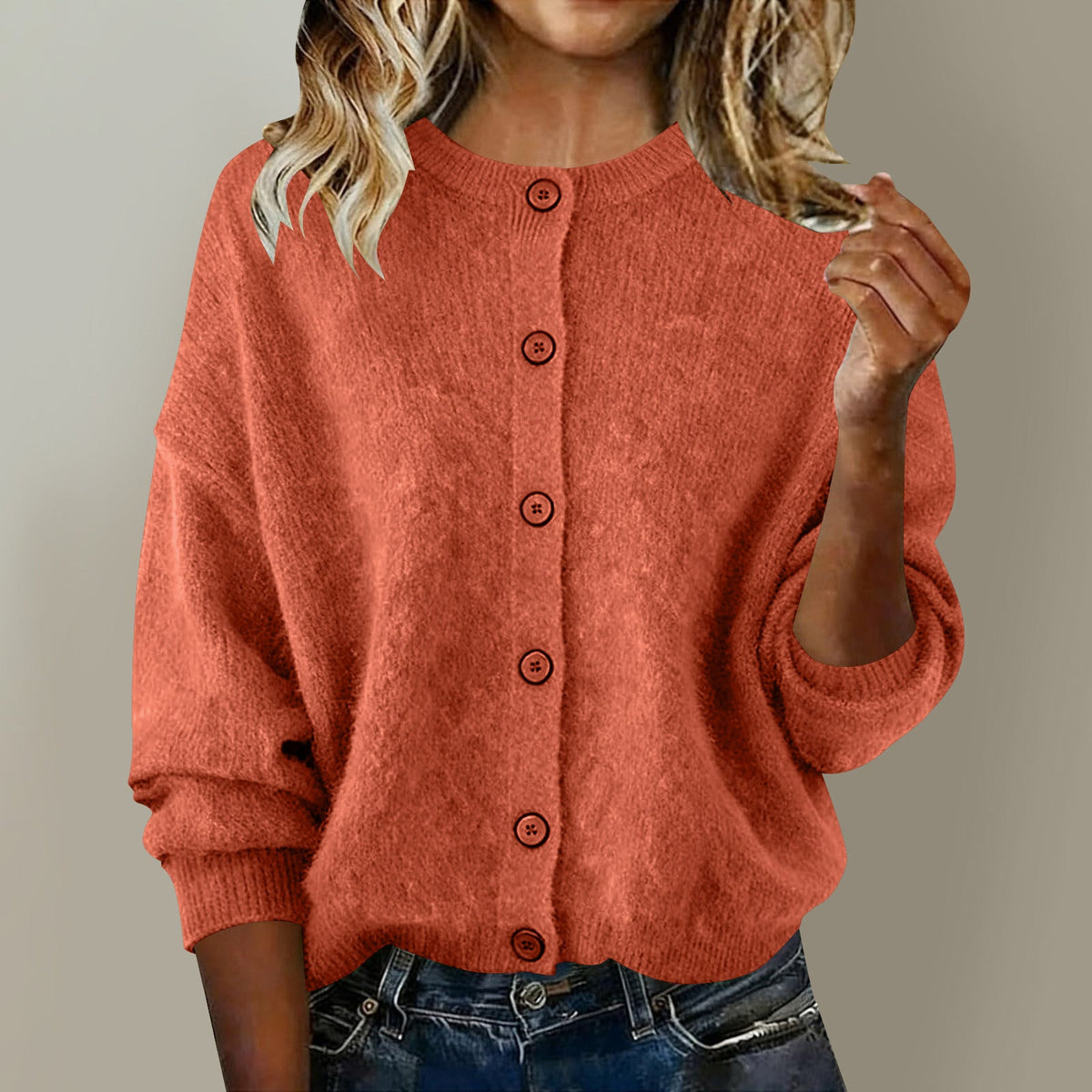 2025 European And American Cross-Border Autumn And Winter Women's Knitted Round Neck Long-Sleeved Pure Color Casual Fashion Knitted Cardigan
