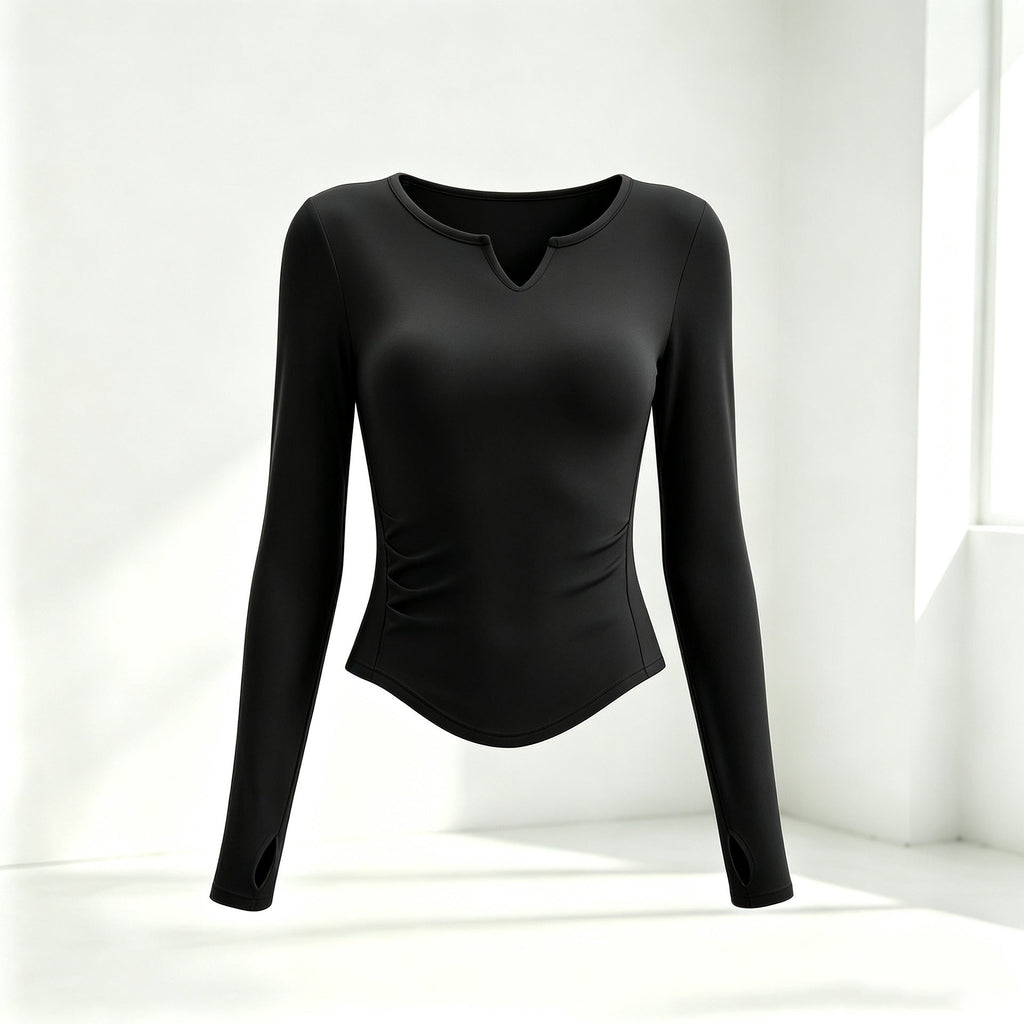 Small V-neck Pleated-waist Long-sleeve Womens Top