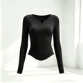 Small V-neck Pleated-waist Long-sleeve Womens Top