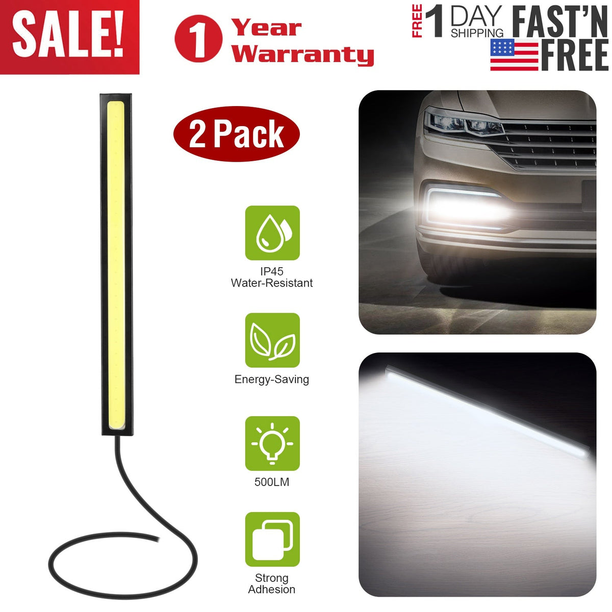 2Pcs LED Daytime Running Lights Car LED COB DRL Fog Lights IP45 Waterproof LED Strip Fog Day Driving Lamp Sticker for 12V Car Interior Exterior Use