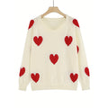 Overzied Casual Cream White All Over Red Heart Pattern Long Sleeve Knit Top For Women