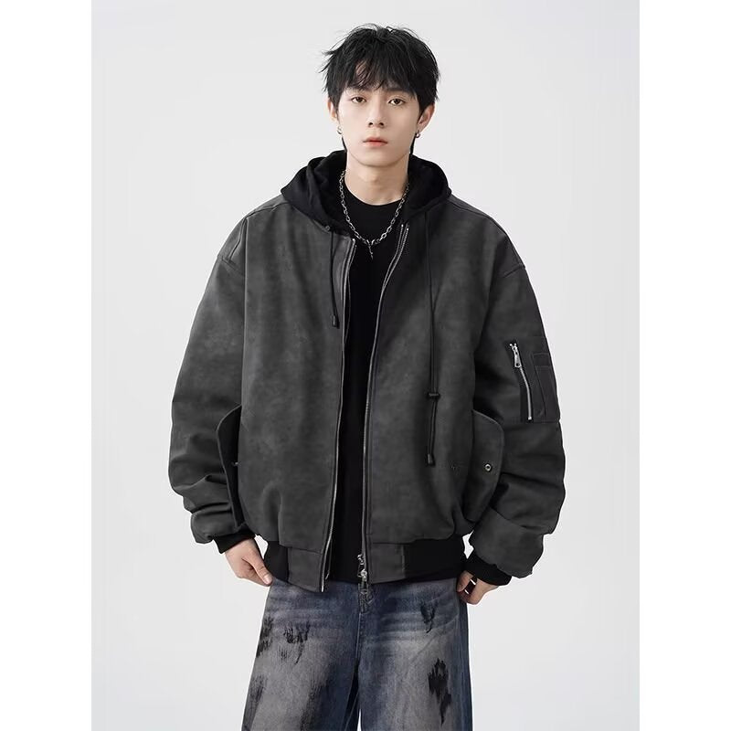 Mens Faux Two-piece Leather Jacket Cotton-padded Flight Jacket