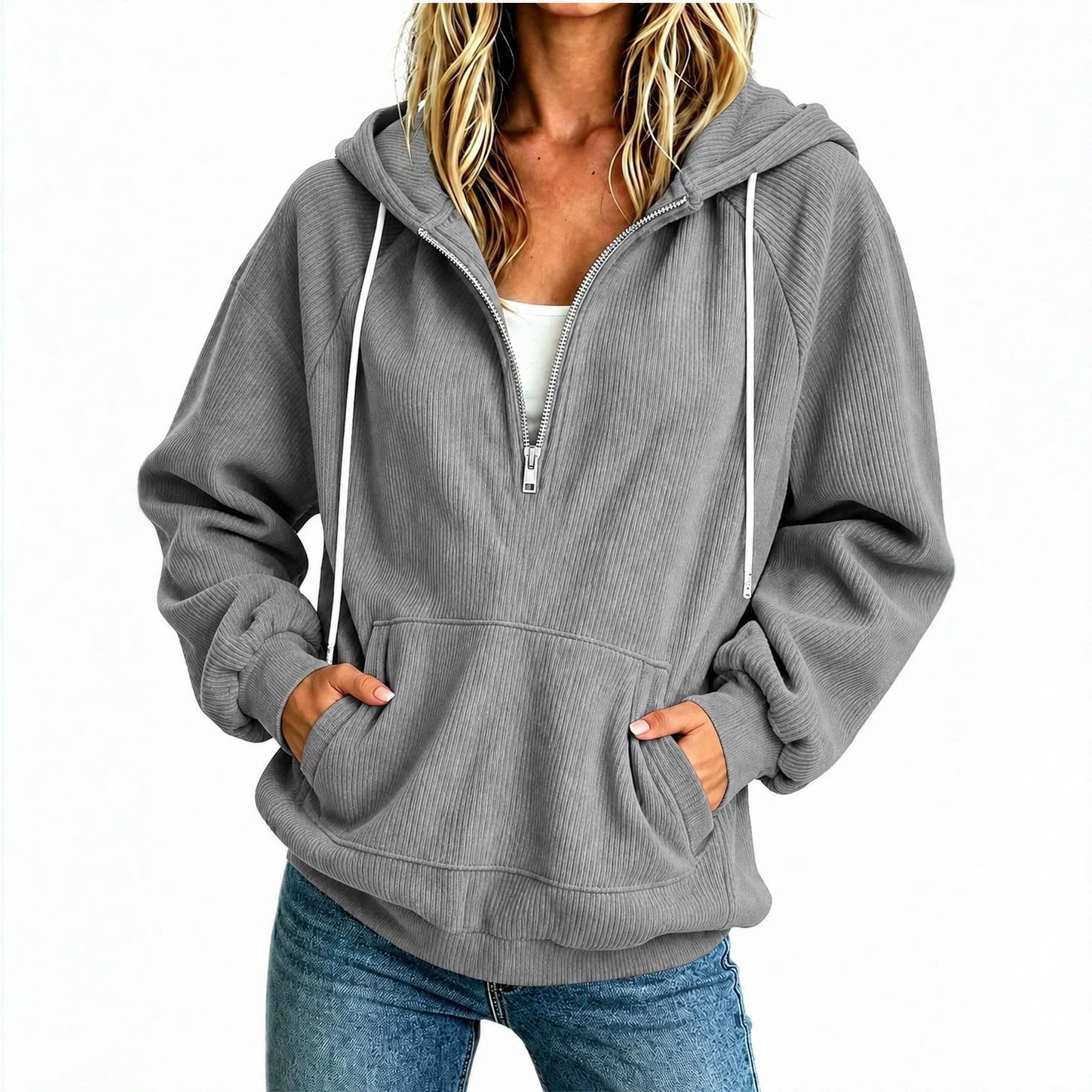 Womens Loose-fit Long-sleeve Half-zip Hooded Sweatshirt