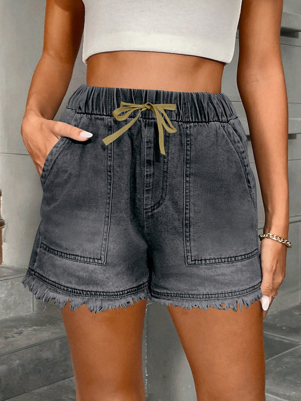 Womens Denim Shorts With Elastic Waist And Drawstring