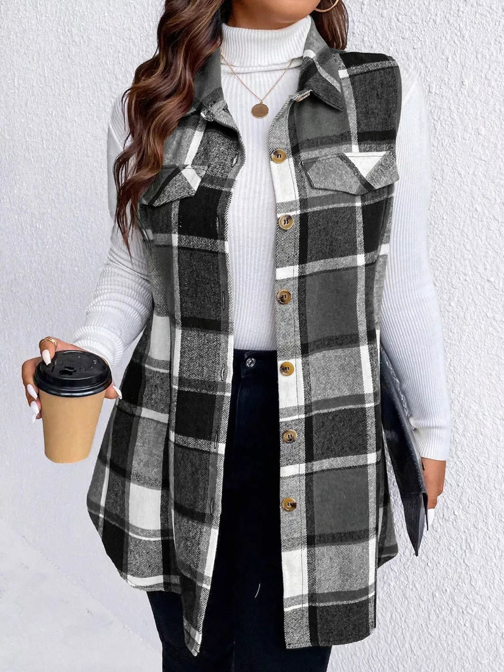 Pocketed Plaid Button Up Vest Coat