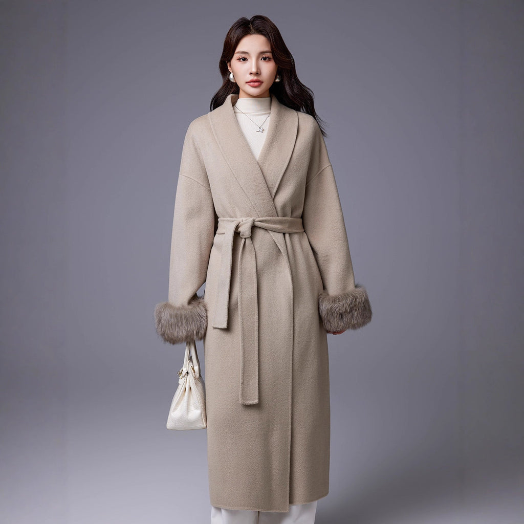 Thickened Coat With Fox-fur Sleeves Womens Belted Wool Blend