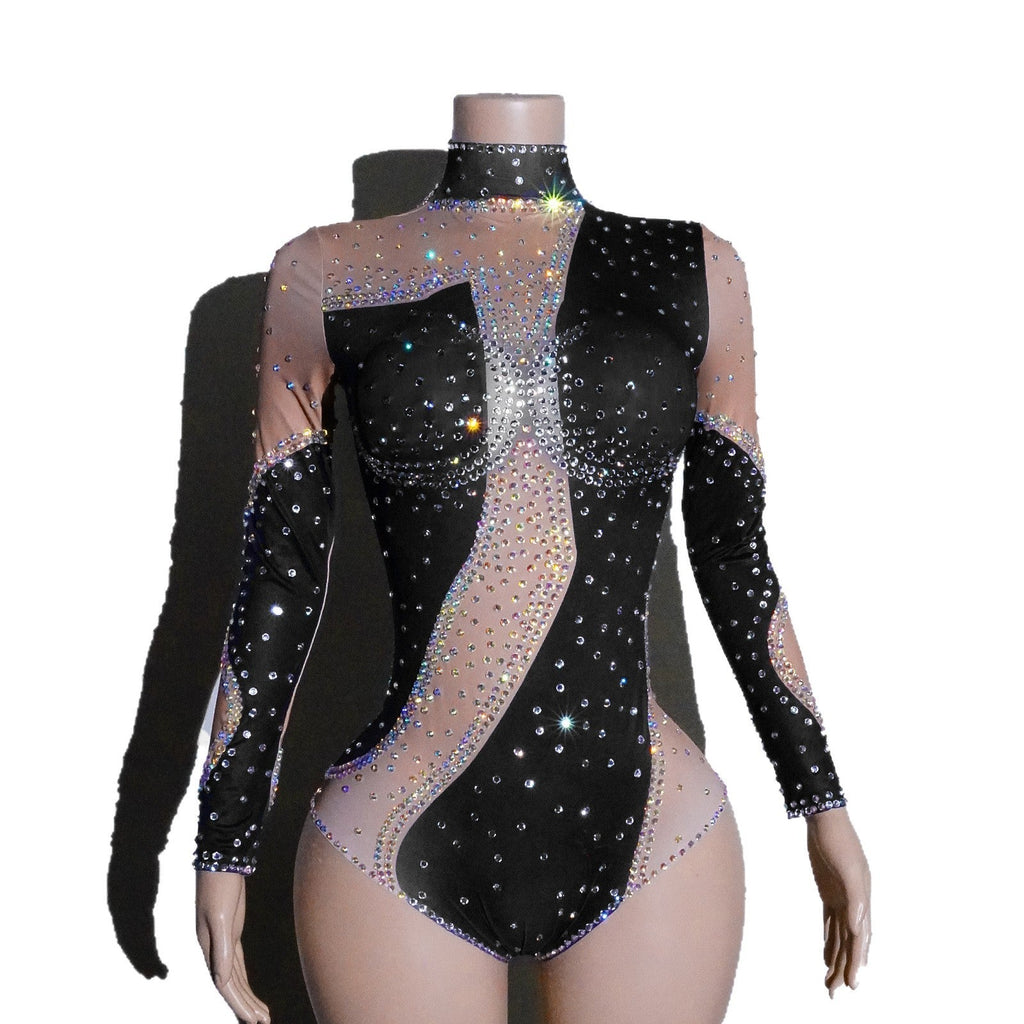 Womens Rhinestone Mesh Patchwork Jumpsuit