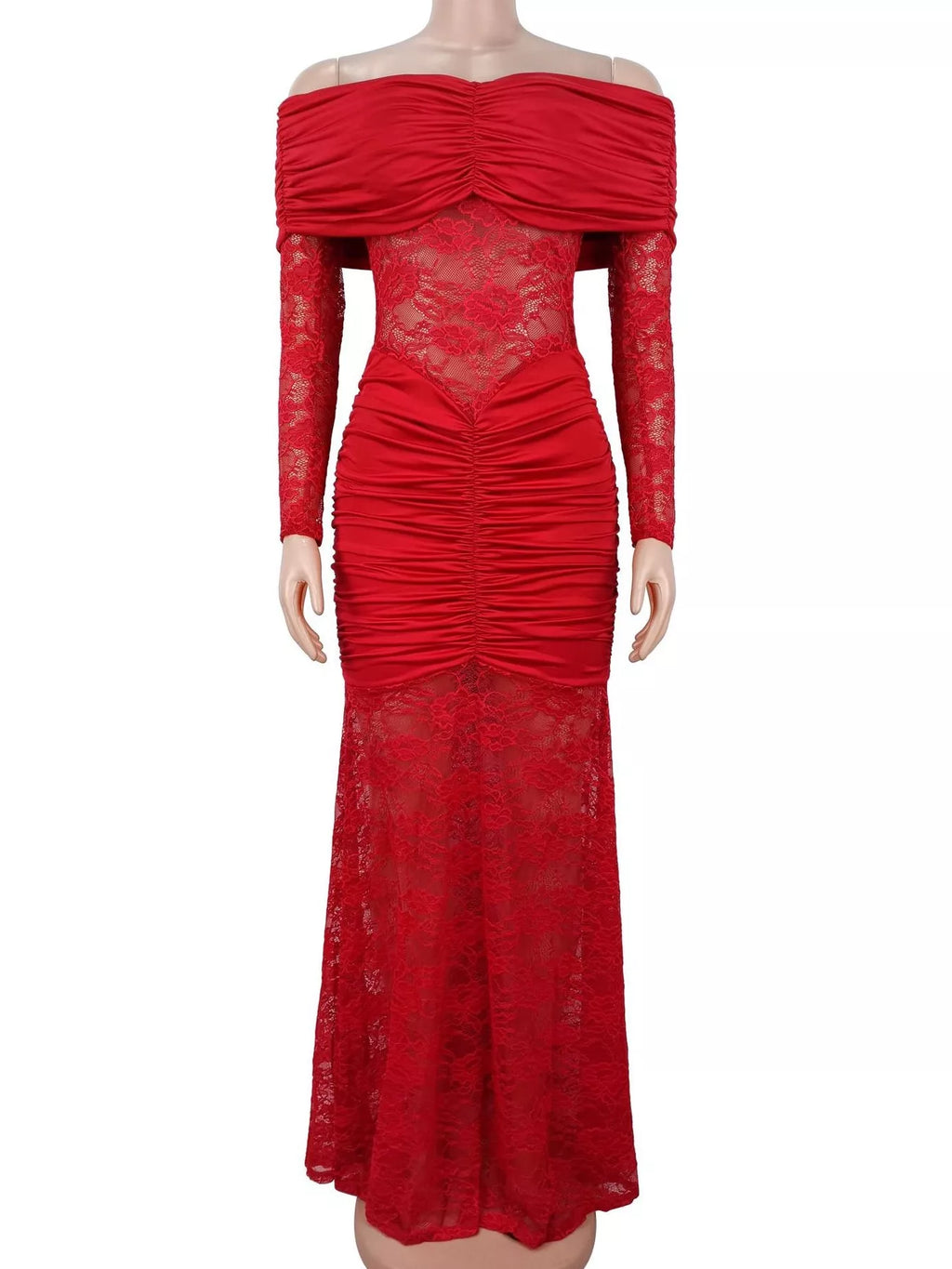Off-Shoulder Ruched Lace Mermaid Maxi Dress