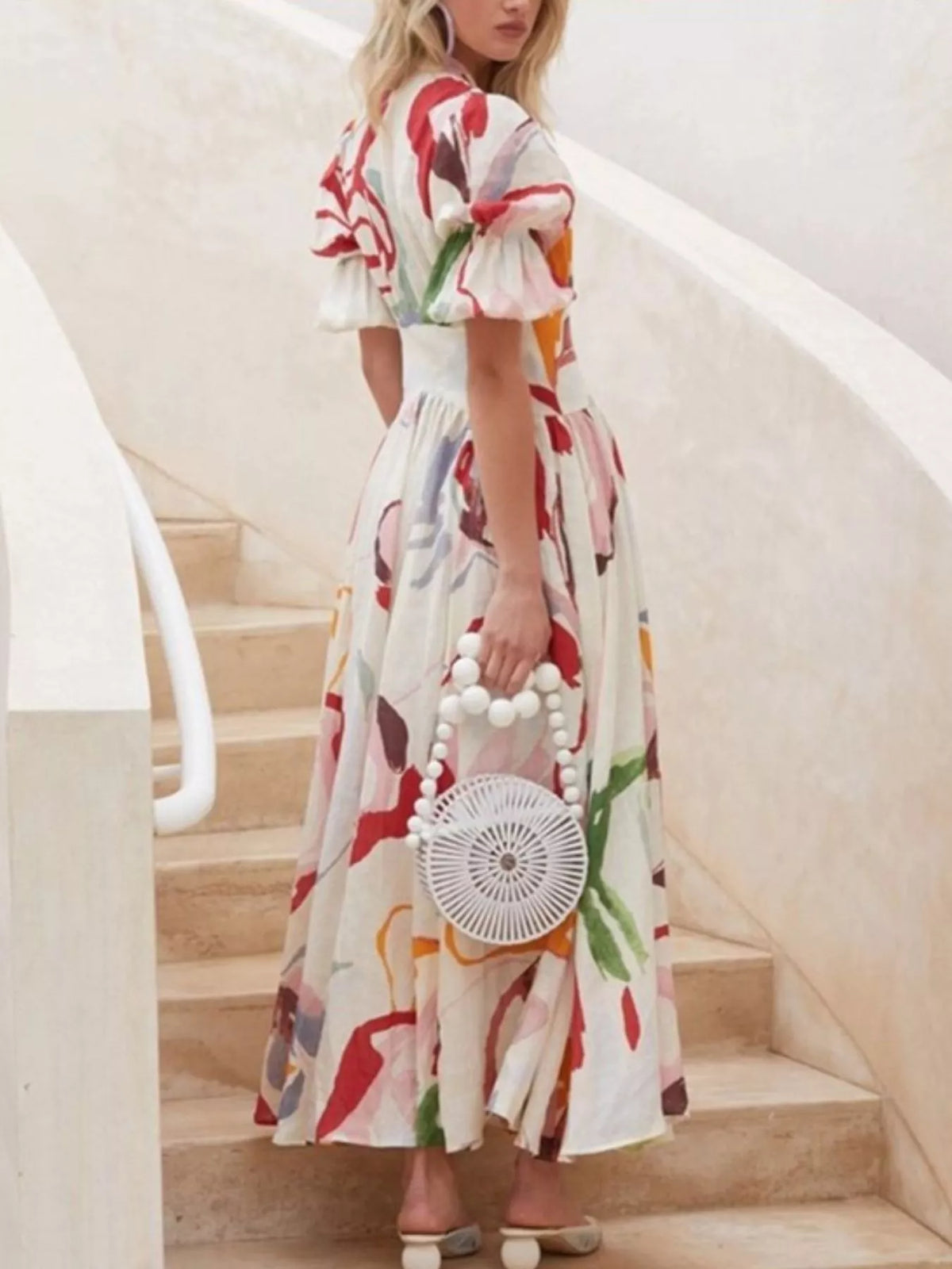 Abstract Print Puff Sleeve Midi Dress