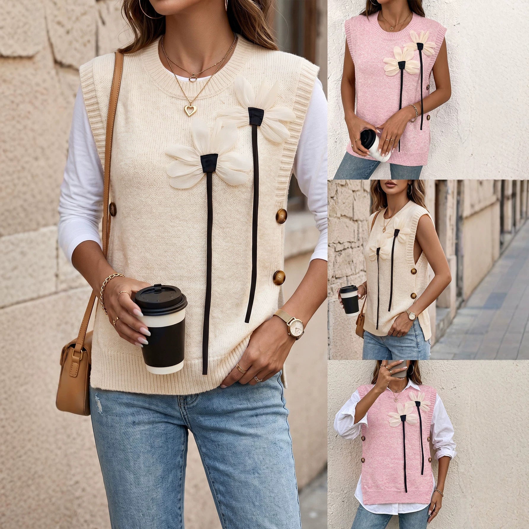New Fallwinter Womens Knitted Patchwork Vest With A Round Neckline And Solid Color