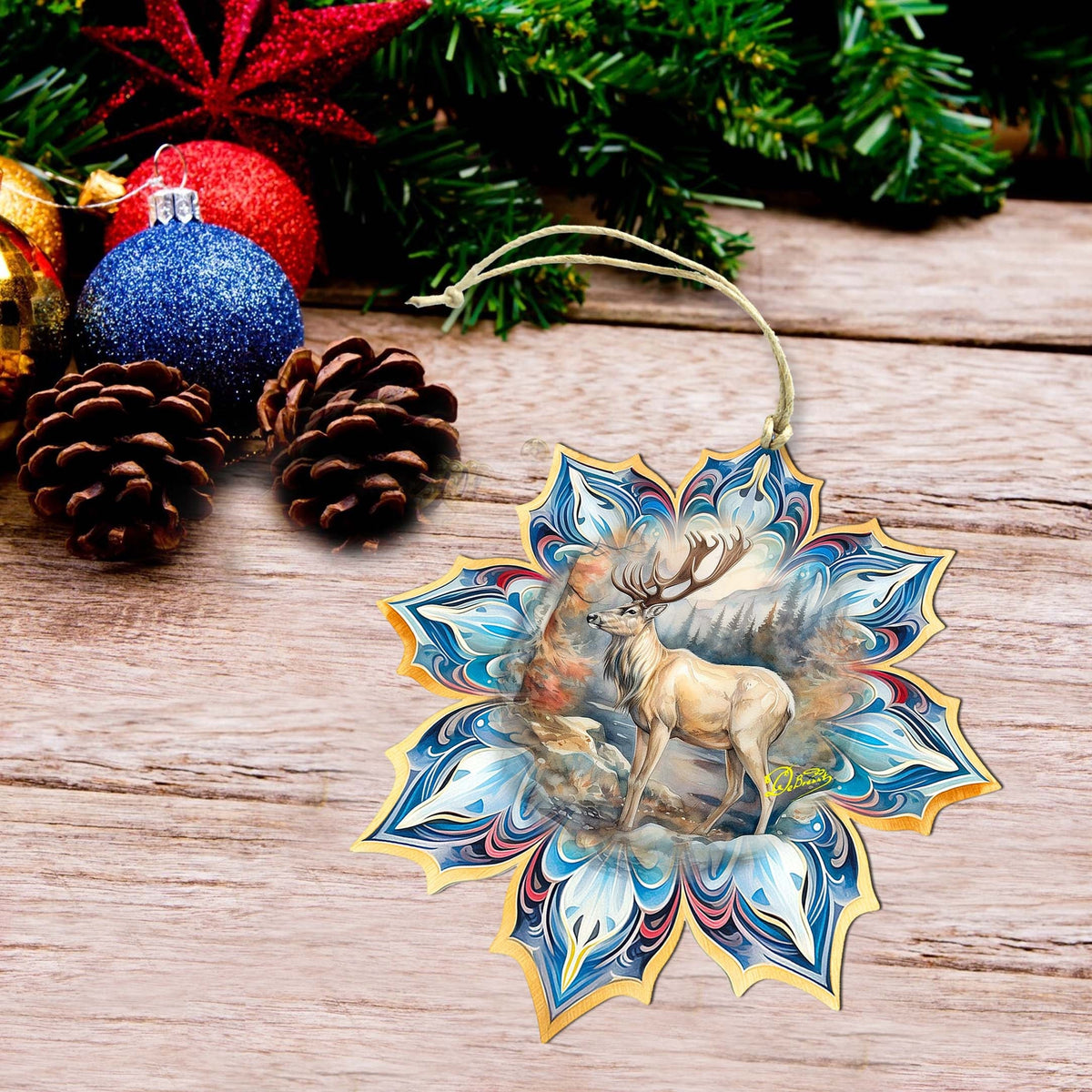 Reindeer Snowflake Large Wooden Ornament by G. Debrekht - Nature Wildlife Decor - 8688415M