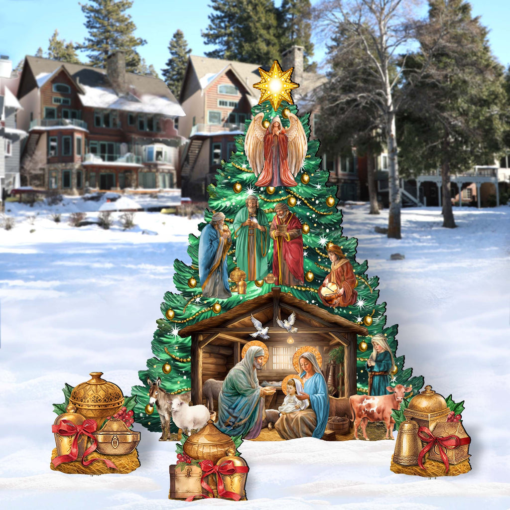 Nativity-Themed Christmas Tree Set Outdoor Indoor Décor Wooden Christmas Decoration by G. Debrekht Christmas Décor - 8191503-3F-G