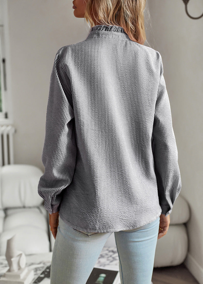 Women’s Striped Ruffle Button-Up Blouse – Long Sleeve