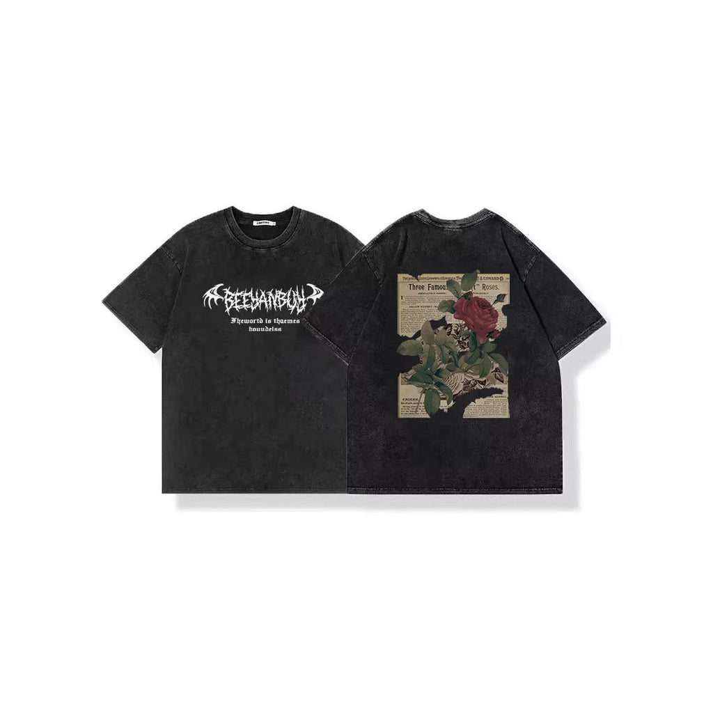 Cotton American-style Vintage Washed-and-faded Black Short-sleeve Shirt
