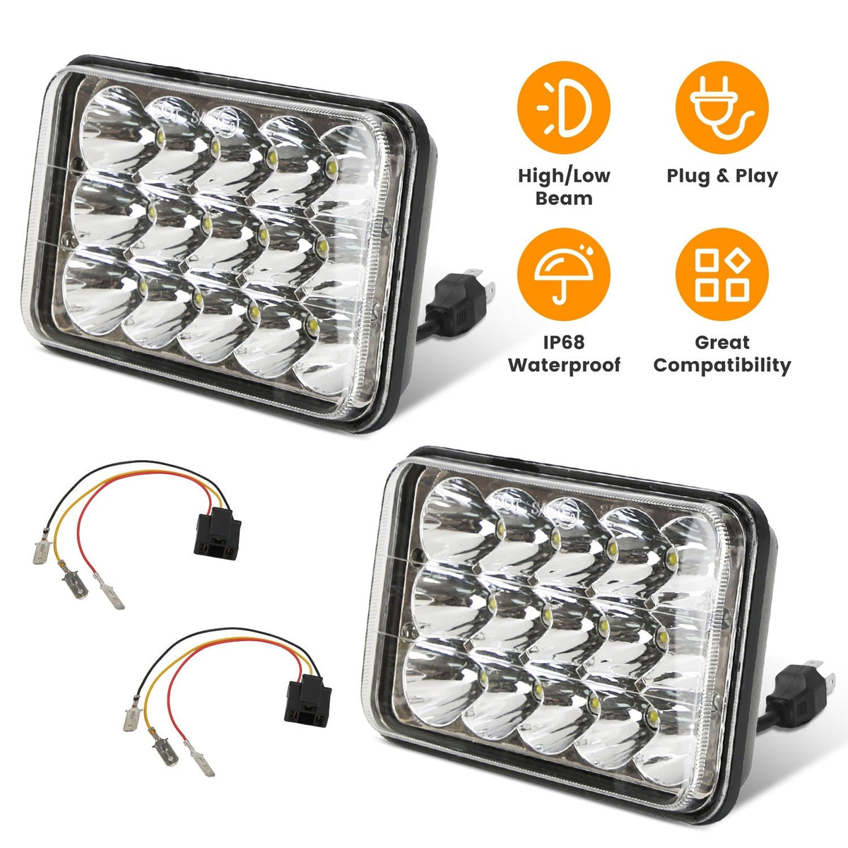 4x6in Car LED Headlights Vehicle Rectangular Headlamp with H4 Socket H4-to-3Pins Adapter with High Low Beam White Light IP68 Waterproof for 10-80V SUV