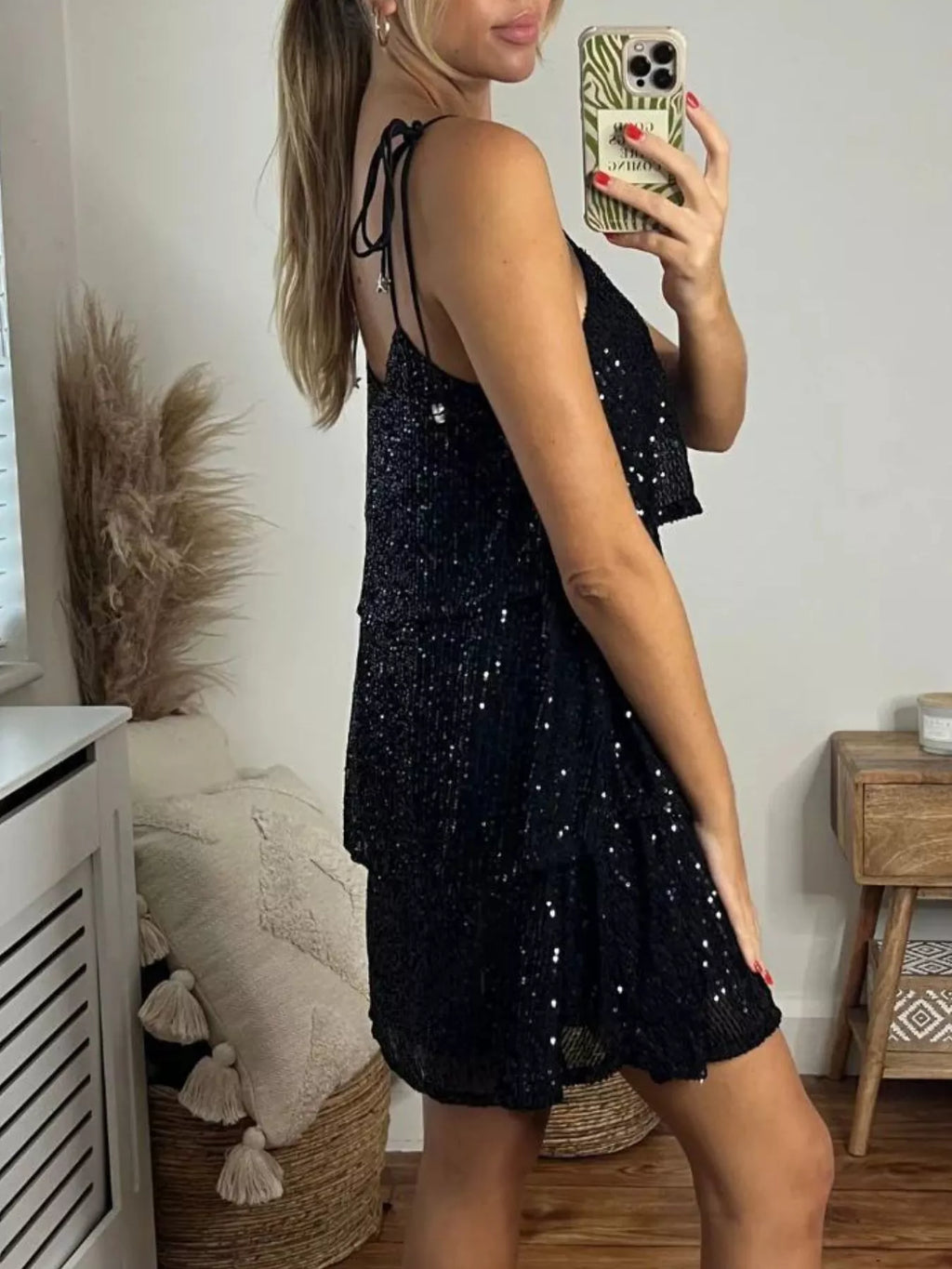 Sequin Tie Shoulder Mini Dress