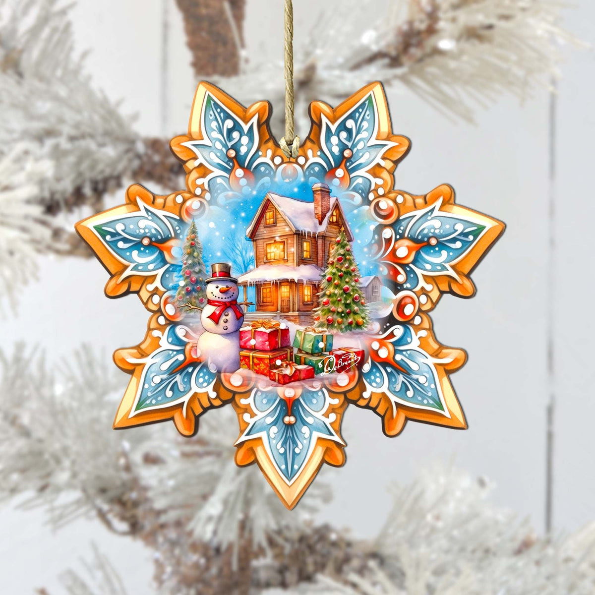 Snowman's Gifts Snowflake Large Wooden Ornament by G. Debrekht - Christmas Santa Snowman Decor - 8688404M