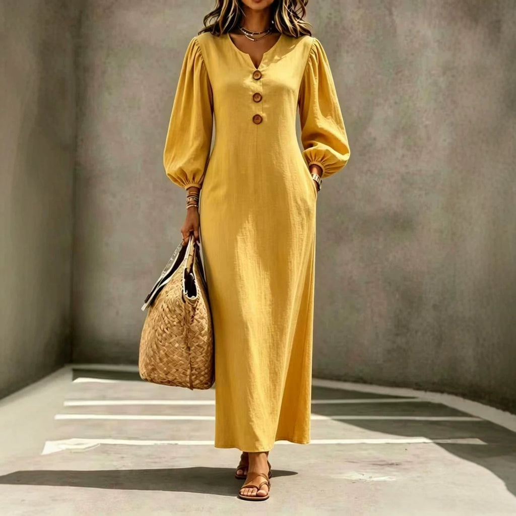 Women’s V-Neck Puff Sleeve A-Line Maxi Dress – Casual Elegant