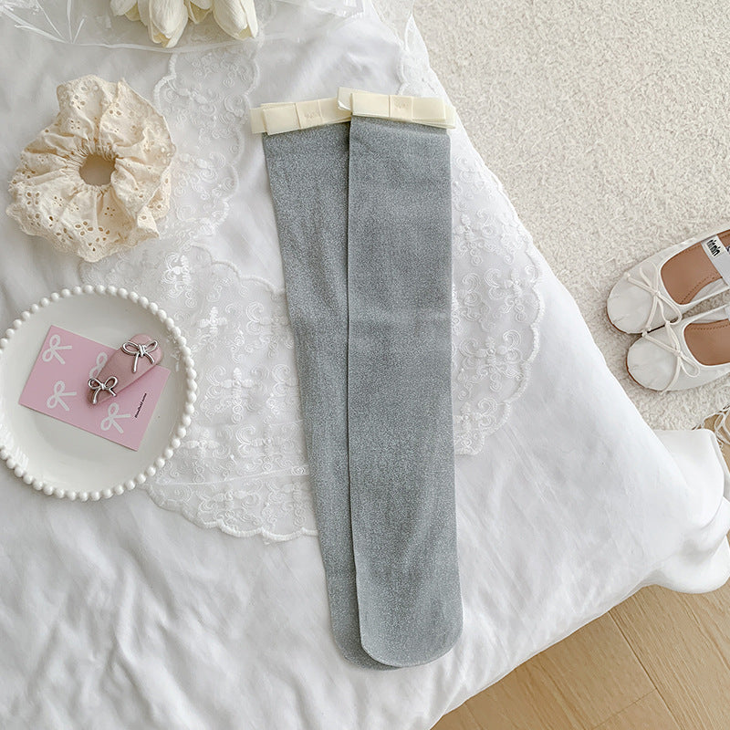 Cotton Calf-length Socks For Women With Silver-thread Bow