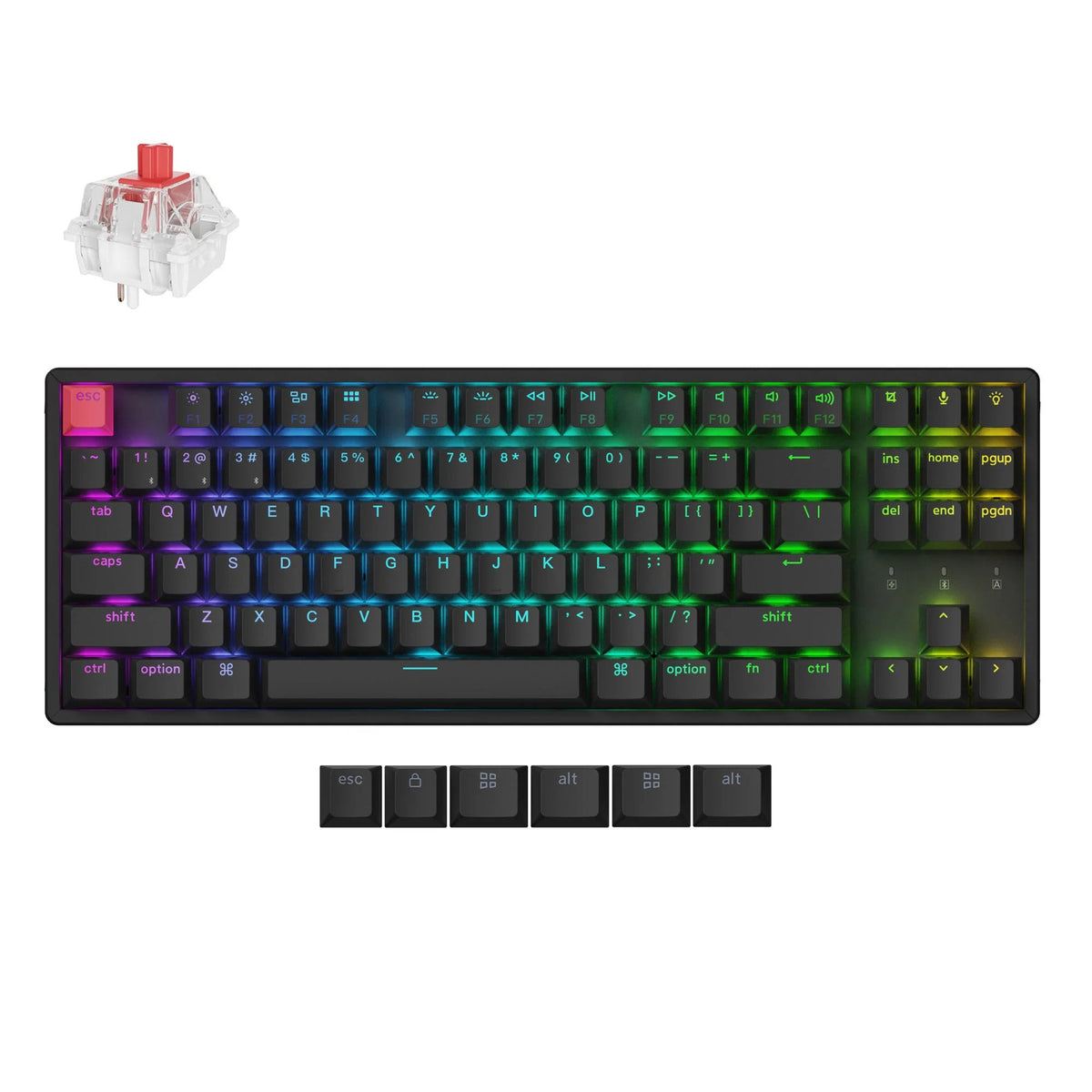 Keychron k8x-c1 rgb mechanical keyboard (black, us layout (qwerty), super red, 80% (tkl), rgb, cherry double-shot pbt keycaps, bluetooth | usb-c)