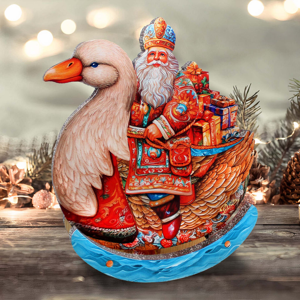 Charming Santa Riding Goose Limited Edition Wooden Figurine Centerpiece by G. Debrekht - Christmas Decor - 89314