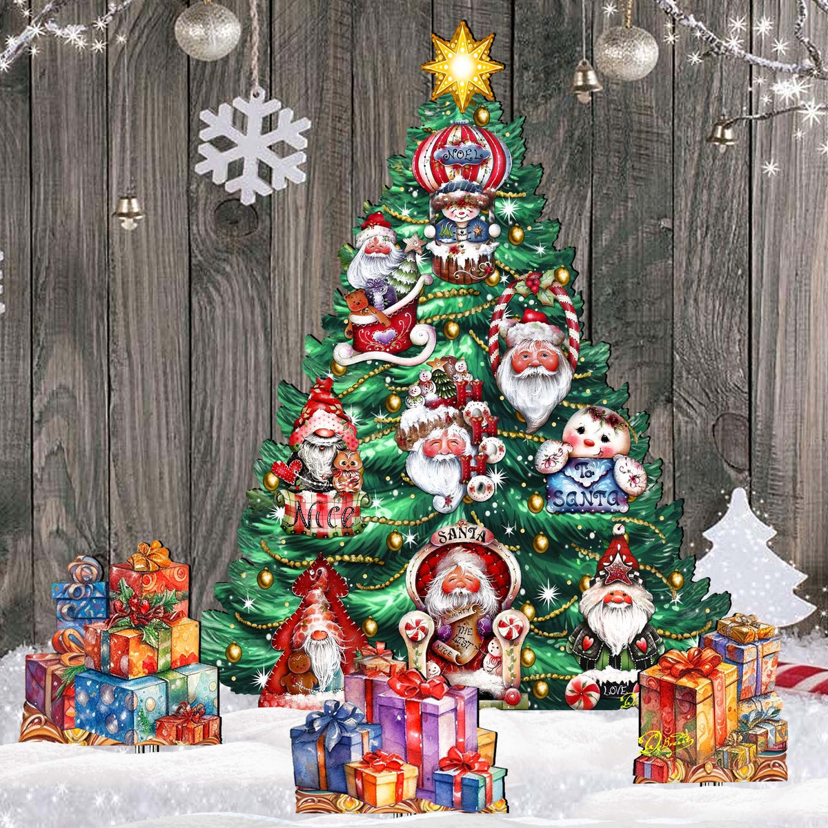 Santa-Themed Christmas Tree Set Outdoor Indoor Decor Wooden Christmas Decoration by Jamie Mills-Price - Christmas Decor - 8191509F-G