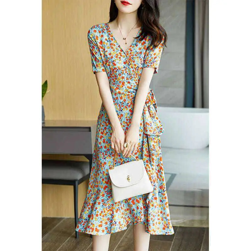 French Floral Slim Polka Dot Wrap Dress