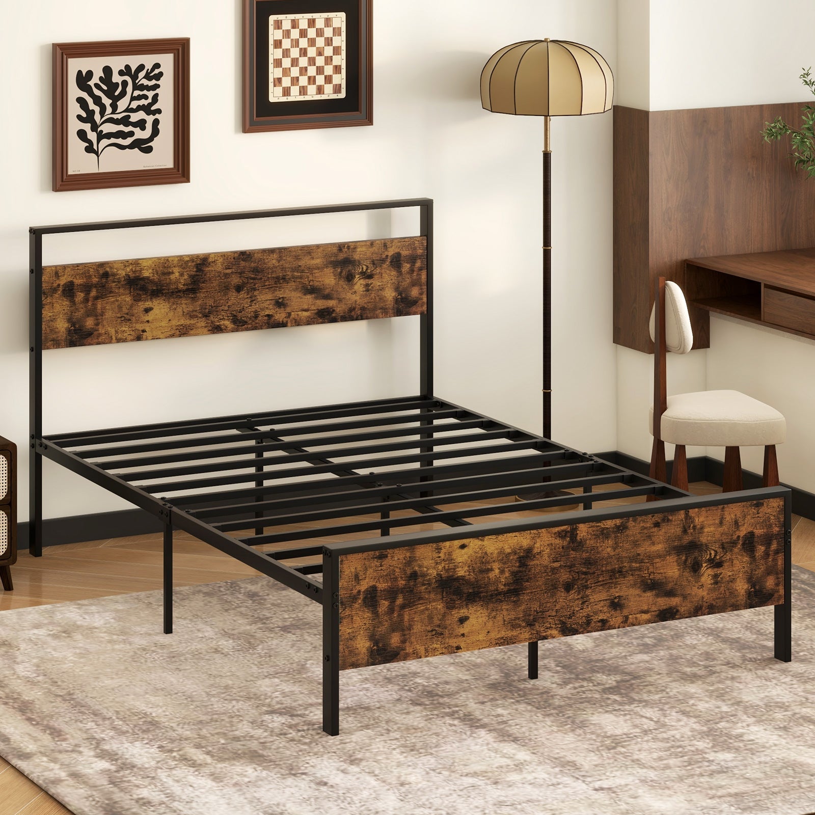 King Metal Bed Frame Industrial Platform Bed with Wooden Headboard