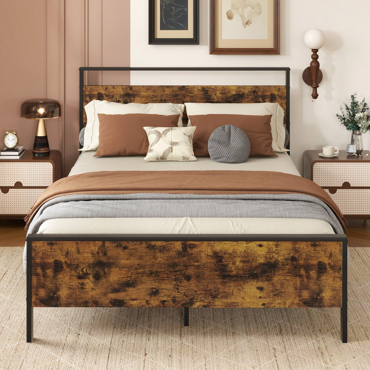 King Metal Bed Frame Industrial Platform Bed with Wooden Headboard
