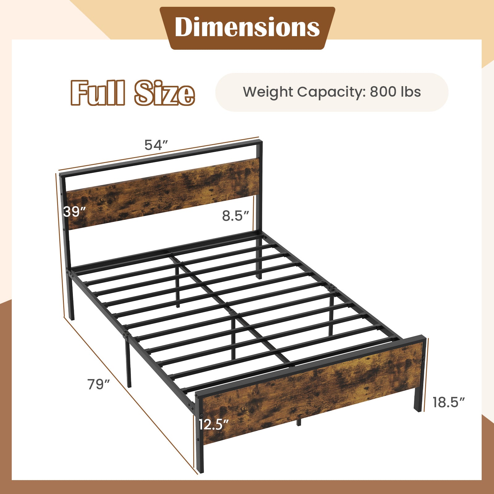 King Metal Bed Frame Industrial Platform Bed with Wooden Headboard