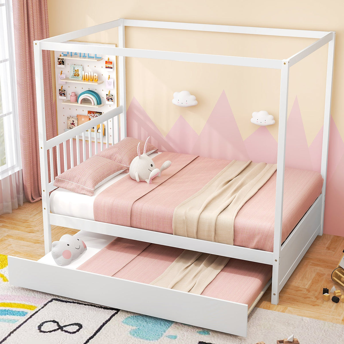 Full Size Canopy Bed with Trundle Wooden Platform Bed Frame Headboard