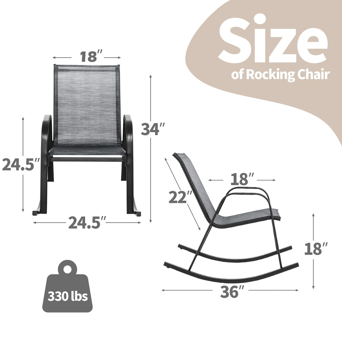 Set of 2 Metal Patio Rocking Chair with Breathable Seat Fabric