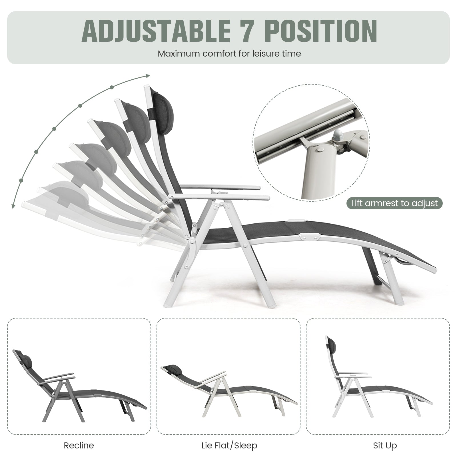 Adjustable Outdoor Lightweight Folding Chaise Lounge Chair with Pillow