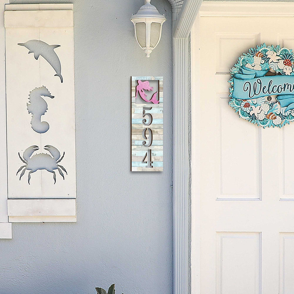 Coastal House Number Sign - Mermaid Wooden Address Plaque - Custom Home Handcrafted Wooden Address Sign MA989808