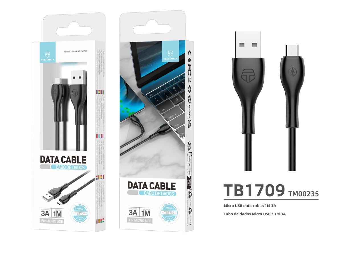 Techancy Cabo De Dados Rápido 3a TB1709, Conetor Usb-Micro, 1 Metro De Comprimento Para Transferência De Dados, Preto