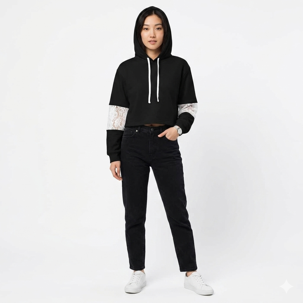Loki & Ivy Women’s Cropped Lace-Panel Hoodie
