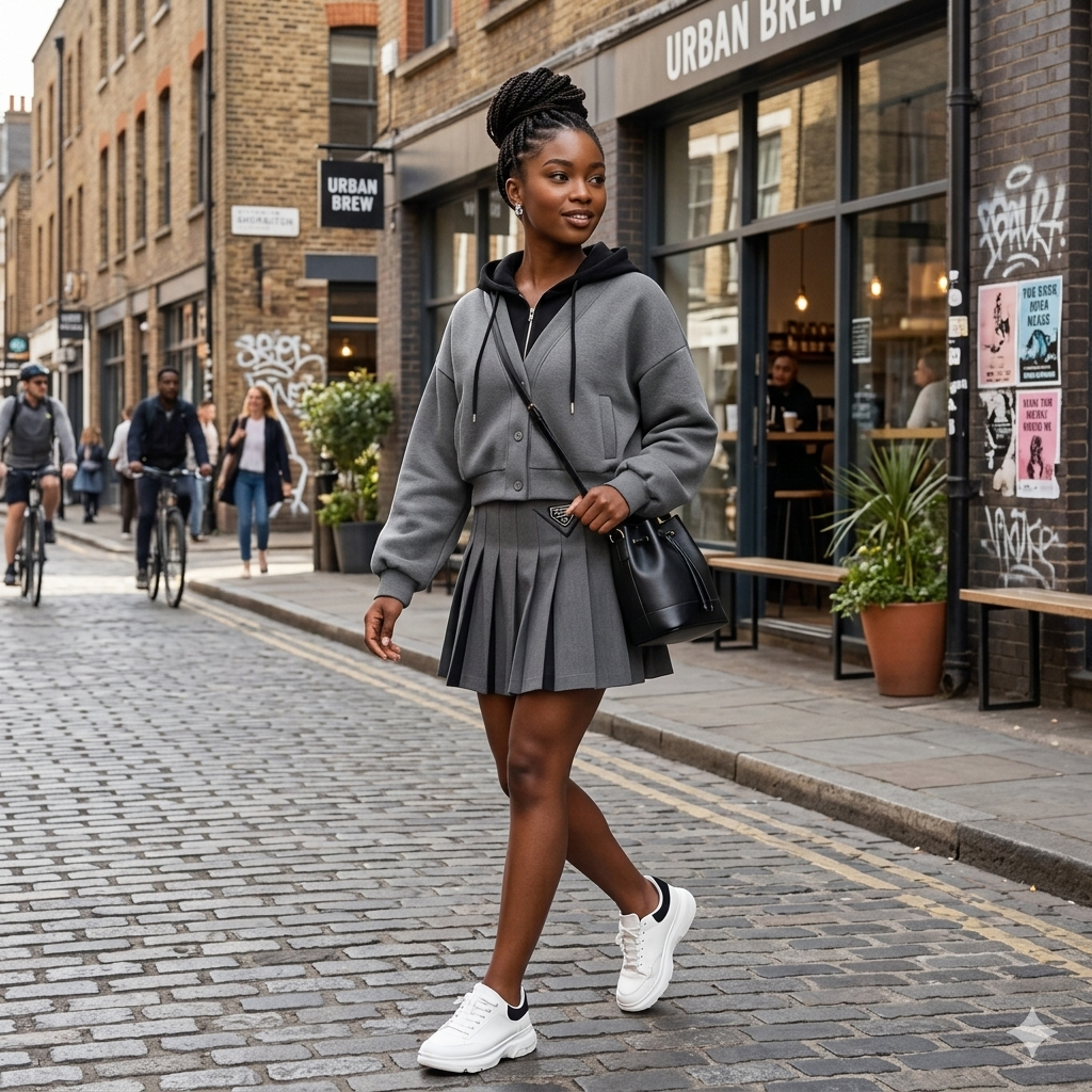 Hooded Zipper Top & Pleated Skirt Set Streetwear