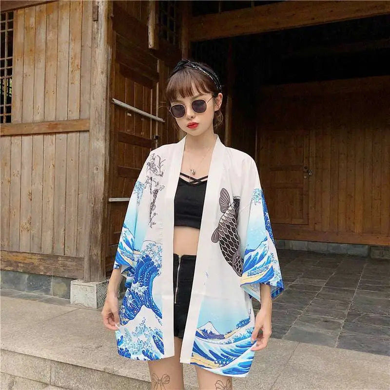 Japanese Wave Print Kimono Sun Protection Clothing