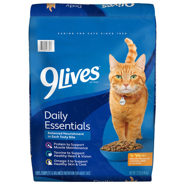 9Lives Daily Essentials Dry Cat Food for Adult Cats with Chicken, Beef & Salmon Flavors, 12 lb. Bag