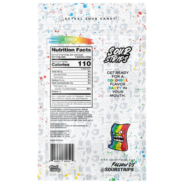 SOUR STRIPS Rainbow Flavored Chewy, Candy Bag, 3.4 oz