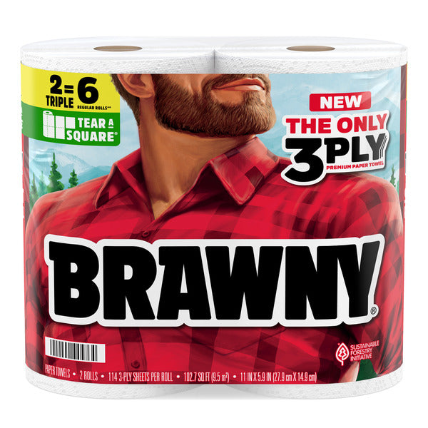 BRAWNY TEAR-A-SQUARE PAPER TOWELS, 2 TRIPLE ROLLS