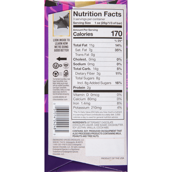 Endangered Species Dark Chocolate, Cacao Nibs, 72% Cocoa