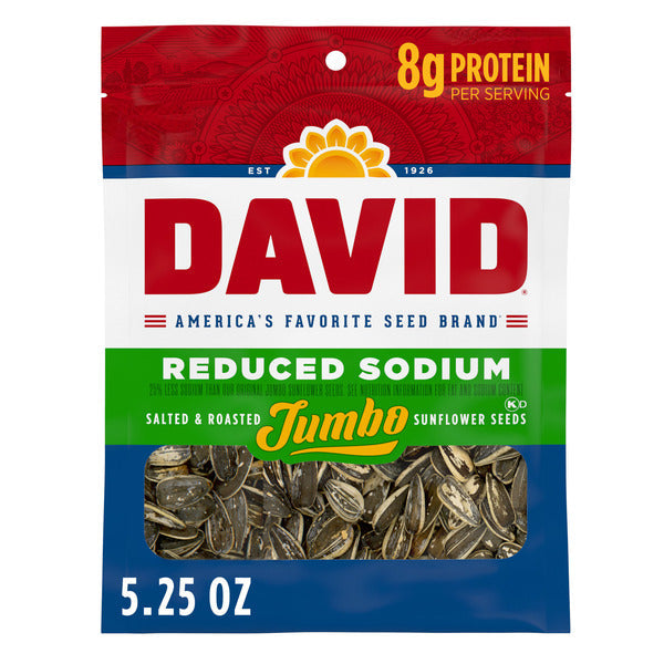 DAVID Reduced Sodium Salted and Roasted Jumbo Sunflower Seeds Keto Friendly Snack