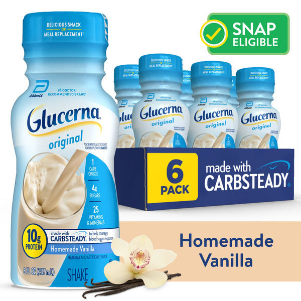 Glucerna Original Nutritional Shake, Diabetic Drink to Support Blood Sugar Management, Homemade Vanilla, 8-fl-oz, 6 Count