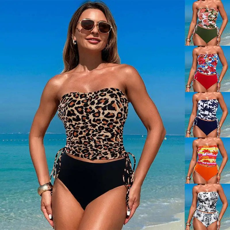 Leopard Bandeau High Waisted Hot Spring Swimsuit Bikini