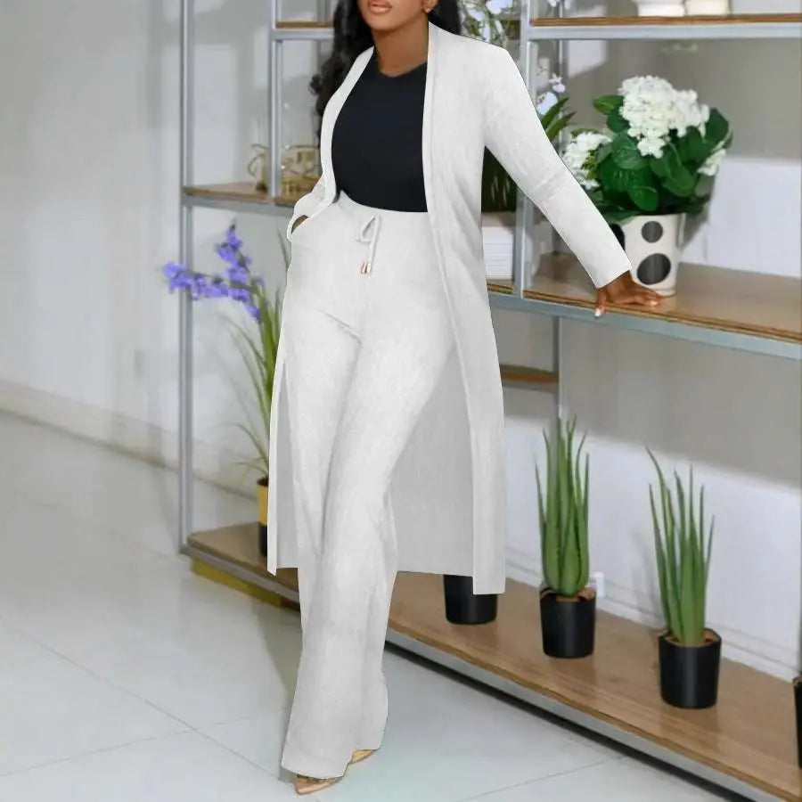 Long Cardigan Sunken Stripe Wide Leg Pants Set