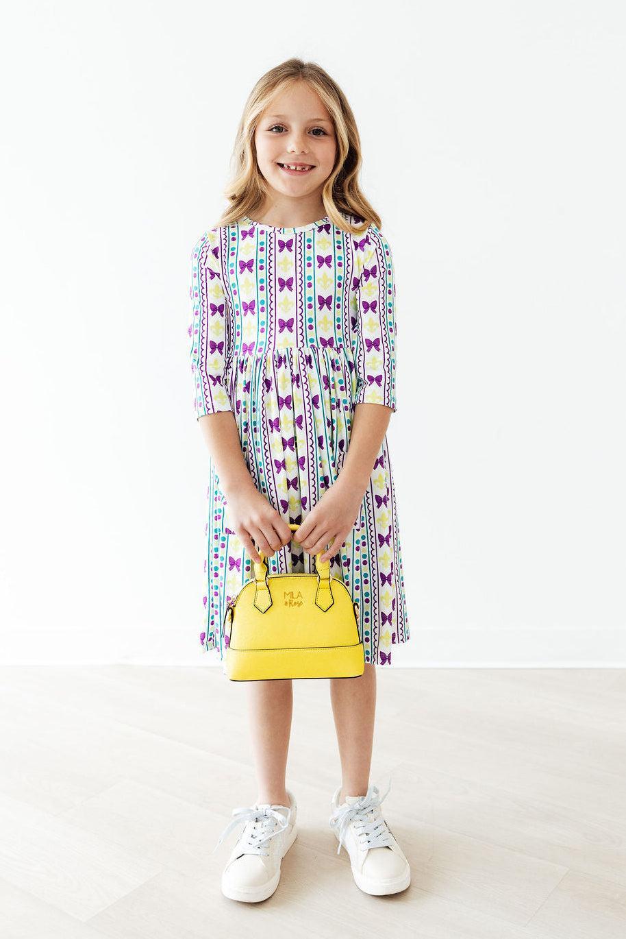 Mardi Gras 3/4 Sleeve Pocket Twirl Dress